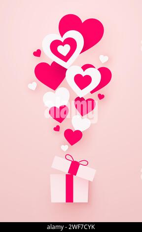 Geschenkbox mit Herzen. Einfaches Papierformat. Alles Gute zum Valentinstag. Vektorabbildung Stock Vektor