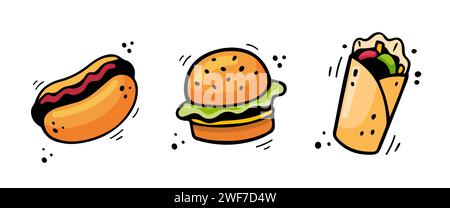 Handgezeichnete Fast-Food-Ikonen Hot Dog, Hamburger, Döner Kebab. Skizze von Snack-Elementen isoliert auf weißem Hintergrund. Fastfood-Illustration im Doodle-Stil. Fastfood-Sammlung. Stock Vektor
