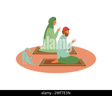 Arabische Frau und Mann beten zu Gott, während eine Katze ihren Körper stärkt. Illustration des Konzepts Tierförderung und Adoption Stock Vektor