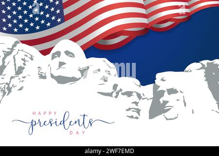 Happy Presidents Day mit schwenkender Flagge USA und Mount Rushmore. Denkmal vier US-Präsidenten, kreatives Konzept für Urlaub. Vektorabbildung Stock Vektor