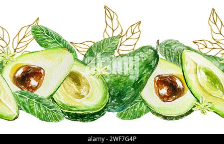 Nahtlose Avocado-Borte. Schnitt, Seed, Blätter. Aquarellabbildung isoliert auf weißem Hintergrund. Karten, Einladungen, Etiketten, Kosmetik, Verpackung. Stockfoto