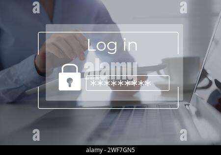 Datenschutz. Frau mit Tablette am Tisch, Nahaufnahme. Digitale Anmeldeschnittstelle Stockfoto