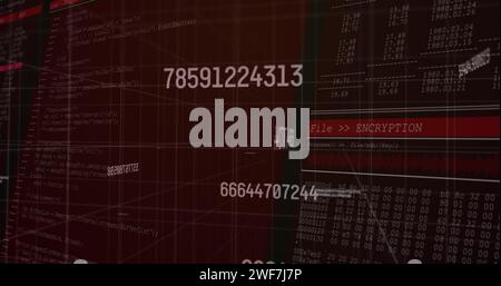 Bild der Zahlenänderung und Datenverarbeitung auf Bildschirmen über Raster im Hintergrund Stockfoto