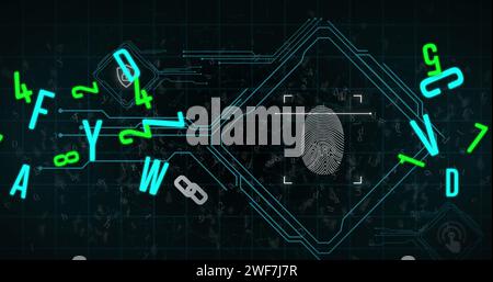 Bild des biometrischen Fingerabdrucks, der Änderung von Buchstaben und Zahlen, des Scans des Oszilloskops und der Datenverarbeitung Stockfoto