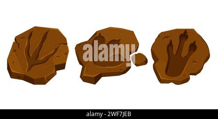 Set Dinosaurier Fossil, Pfotendruck, Reptilienfußweg im Cartoon-Stil isoliert auf weißem Hintergrund. Archäologische und paläontologische Funde. Vektorabbildung Stock Vektor