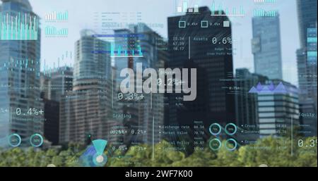 Bild der Verarbeitung finanzieller Daten über dem Stadtbild Stockfoto