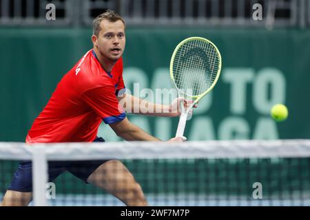 Adam Pavlasek aus der Tschechischen Republik während des Trainings vor dem Qualifikationsspiel des Davis Cup der Männer Tschechische Republik gegen Israel in Vendryne, Tschechische Republik, Stockfoto