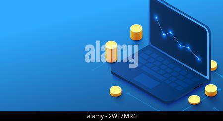 Geschäftsstrategie und -Planung. Datenanalyse und Investitionen. Geschäftserfolg. Computer mit Infografik-Elementen. Design für die Präsentation. Vektorgrafik Stock Vektor