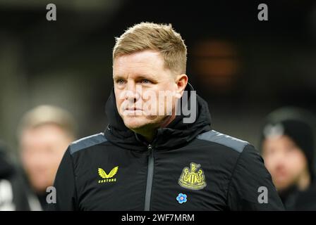 Aktenfoto vom 27.01.2024 von Eddie Howe, der der Newcastle-Hierarchie versprochen hat, ihre Rolle als „Wächter der Zukunft des Clubs“ nicht zu ignorieren, während sie versuchen, einen Weg durch ein Transferfenster-Minenfeld zu verhandeln. Ausgabedatum: Montag, 29. Januar 2024. Stockfoto