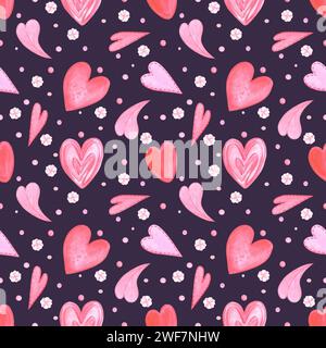 Hand gezeichnetes Aquarell nahtloses valentinsmuster mit Herzen isoliert auf dunklem Hintergrund. Kann für Textilien, Gewebe, Geschenkpapier und andere PR Stockfoto