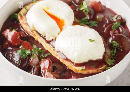 Pochierte Eier in Rotweinsauce mit Perlzwiebeln, Pilzen und Speck aus der Nähe auf dem Teller auf dem Tisch. Horizontal Stockfoto