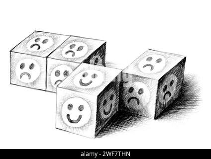 Freihändig schattierte Bleistiftzeichnung von Würfeln mit Smiley-Gesichtern. Ein Sterbegesicht mit einem glücklichen Lächeln kommt aus der Reihe und hinterlässt Würfel mit Unhap Stockfoto