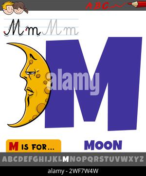 Pädagogische Zeichentrickillustration des Buchstabens M aus Alphabet mit Comic Mond Stock Vektor