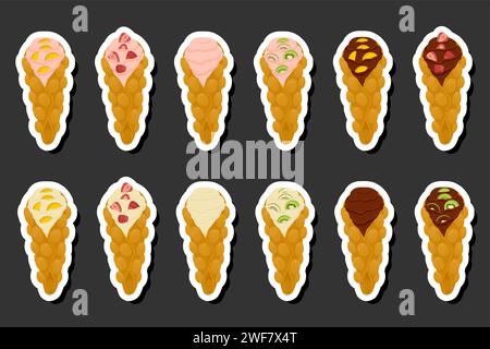 Illustration zum Thema Big Kit verschiedene Arten Kegelwaffel mit Blasen für Dessert Kekse, Waffel bestehend aus leckeren kegelförmigen Keksen in Blasen, Stock Vektor