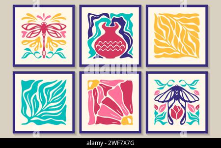 Abstrakte, groovige quadratische Poster mit Blumen, Schmetterling, Libelle und Vase im minimalen Stil. Trendige, naive Retro-Banner mit Pflanzen und Bio-Blumen. Matisse Druckset. Botanische Vektordarstellung. Stock Vektor