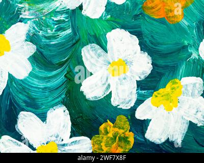 Abstrakte Gänseblümchen Blumen, Original handgezeichnet, Impressionismus Stil, Farbstruktur, Pinselstriche von Farbe, Kunsthintergrund. Moderne Kunst. Zeitgenössische Kunst Stockfoto