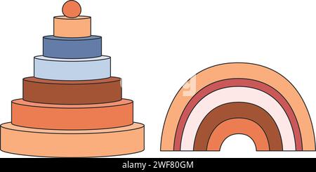 Set mit Holzspielzeug Regenbogen und Kinderpyramide. Kinderspielzeug, Spiele, Kinderkonzept Stock Vektor