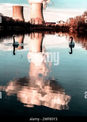 Täuschende Idylle am Meer mit Schwänen vor dem Kernkraftwerk Cruas France Stockfoto
