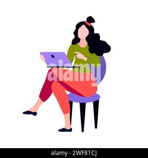 Das Mädchen sitzt auf einem Stuhl und hält einen Laptop in der Hand. Geschäftsfrau, die Remote arbeitet. Illustration des flachen Vektors Stock Vektor