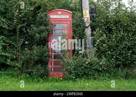 Verlassene und bewachsene rote Telefonbox in der Landschaft Stockfoto