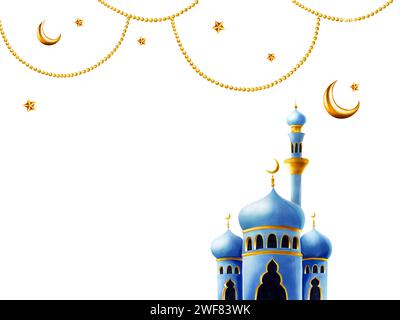 Aquarell islamischer arabischer Rahmen mit Moschee und Minarett, goldener Halbmond, Sterne auf einer goldenen Ketten Illustration isoliert auf weißem Hintergrund. Musl Stockfoto