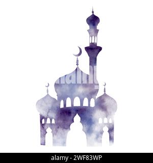 Aquarellsilhouette der islamischen Moschee und des Minaretts mit Mondsichel-Illustration isoliert auf weißem Hintergrund. Muslimische Hand gezeichnete Feiertage Ramadan Ka Stockfoto