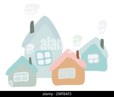 Ein Set niedlicher Comic-Häuser isoliert auf weiß. Vektorabwicklungsdarstellung. Kleine pastellfarbene Häuser mit Fenster und Rauch im Kamin. Design-Design-Elemente Stock Vektor