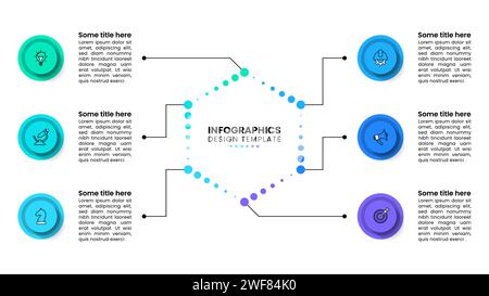 Infografik-Vorlage mit Symbolen und 6 Optionen oder Schritten. Abstraktes Sechseck. Kann für Workflow-Layout, Diagramm, Banner und Webdesign verwendet werden. Vektorillustra Stock Vektor