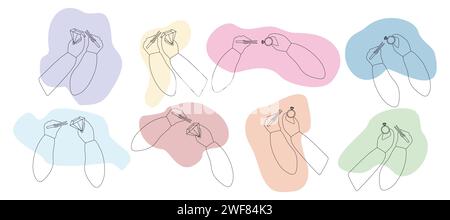 Satz von Outline-Hands-on-abstrakten Farbformen mit Ring, Edelstein und Pinzette. Sammlung von Jeweler Arms Silhouette, Vektorkontur Illustration. Je Stock Vektor