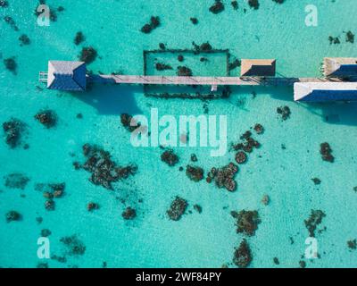 Drohnenaufnahme des Piers in der Lagune Fakarava mit Perlenfarm und Boot. Französisch-Polynesien Stockfoto