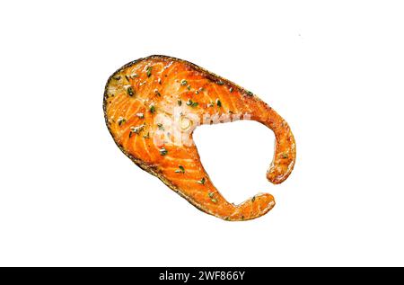 Gegrilltes Lachssteak isoliert auf weißem Hintergrund. Draufsicht Stockfoto