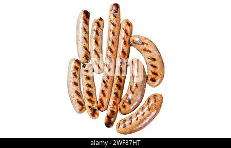 Auswahl verschiedener gegrillter Würstchen mit Rind-, Schwein-, Lamm- und Hühnchenfleisch auf einem Grill. Isolierter, weißer Hintergrund Stockfoto