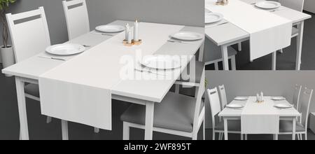 Leere weiße Tischläufer- und Schüsseln-Modell, Innenhintergrund, 3D-Rendering. Leeres Stoffzubehör für Küchenutensilien, verschiedene Seiten. Löschen Stockfoto