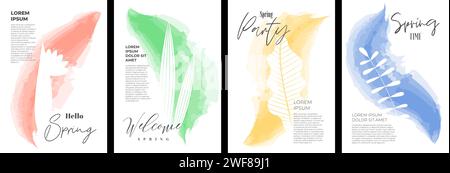 Hello Spring Poster abstrakte Aquarellzeichnung Blumen. Handgezeichnete Blumenkunst im minimalen Stil. Märzfeiersplakat für Frauen. Postkarte mit Aquarellpinsel und Blumenmuster. Kräuterpflanzen-Vektor-Design-Banner-Set Stock Vektor
