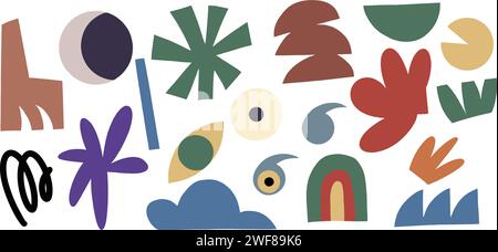 Set aus handgezeichneten, minimalen Kunstformen, abstrakten Elementen, Blättern und Blumen, tropischen Pflanzen. Moderne trendige Elemente, Konstrukteur für Stock Vektor