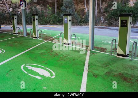 Nahaufnahme von elektrischen Ladestationen mit leuchtend grünen Bodenmarkierungen auf einem Außenparkplatz Stockfoto