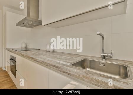 Eine elegante, moderne Küche mit eleganten Marmorarbeitsplatten, einem Waschbecken aus Edelstahl und minimalistischen Designelementen für eine saubere Ästhetik. Stockfoto