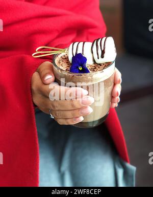 Halten Sie ein Glas heiße Schokolade mit Marshmallows in roter Decke Stockfoto