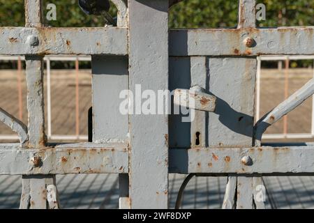 Schließen Sie ein altes schmiedeeisernes Tor ein. Priorität der Türsicherheit. Auf der anderen Seite werden europäische Gasflaschen immer ausgefeilter, um die Sicherheit zu verbessern. Stockfoto