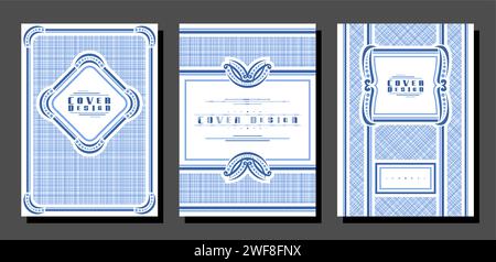 Vector Book Cover Set, Sammlung von drei isolierten Illustrationen von verschiedenen blauen und weißen Vintage Covers mit Schatten, verschiedene vertikale alte Banner W Stock Vektor