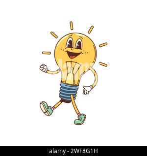 Cartoon groovige Glühbirnenfigur mit glücklichem Gesicht, Vektor-Comic-Funky oder Hippie-Kunst. Lustige, lächelnde, groovige Lampe im Hipster-Stil, die in Sneakers für Kinder und mit Retro-T-Shirt-Print läuft Stock Vektor