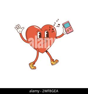 Cartoon groovige Herzfigur, Pfeifmelodie mit Happy Face, Vektor-Hippie-Kunst oder Hipster-Stil. Grooviger Herzspaziergang mit Retro-Spieler und singendem Lied für Oldschool-Kunst oder T-Shirt-Print Stock Vektor