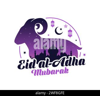 EID Al Adha Arabische Feiertagsbanner mit arabischen Laternen, muslimischer Moschee und Opferschafen, Vektorhintergrund. Islamisches religiöses Eid al-Adha oder Opferfest mit Lamm und Mondsichel Stock Vektor