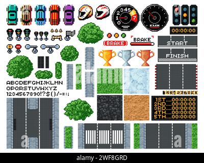 8-Bit-Kunst-Rennspiel, Draufsicht auf Rennstrecke, Autos und Ausrüstung, Vektorsymbole. Arcade-Videospiel-Elemente von Kartwagen, Schnellstraßen- und Verkehrsschildern mit Rennstrecken-Textur und Tachometer Stock Vektor