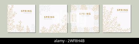 Set mit Vorlagen für quadratische Beiträge für soziale Medien im Frühjahr. Japanische Sakura-Kirschblüte. Gold- und Silberzweige. Botanik-Hintergrund. Handgezeichnete Skizze vecto Stock Vektor