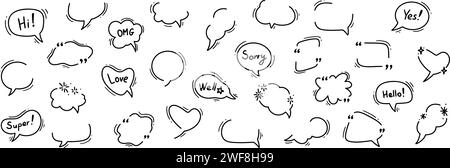 Doodle leere Sprechblase Set. Comic Talk Cloud und Ballon Symbole. Sprechen, denken, chatten, Konversation, Dialog, Diskussion Cartoon handgezeichnetes Konzept. S Stock Vektor