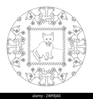 Mandala. Katze sitzend. Silhouette mit Herzform und Katze. Ausmalseite. Vektorabbildung. Stock Vektor