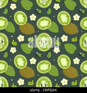 Kiwi ist eine süße Retro-Cartoon-Figur. Grooviges nahtloses Vintage-Muster für den Sommer. Trendiger alter Stil. 1970er Jahre Tropische exotische Früchte, Blumen und Blätter. Reparieren Stock Vektor