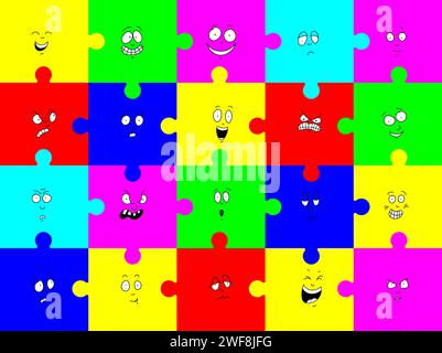 Verschiedene Gesichter, die Emotionen und Gefühle ausdrücken. Farbenfrohe Reihe moderner Figuren als Puzzles im einfachen Doodle-Art-Stil. Stock Vektor