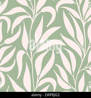 Cremeweißes nachstehendes Laub auf salbeigrünem nahtlosem Vektormuster, ideal für Textilien, Tapeten, Scrapbook, Verpackung. Vektorabbildung Stock Vektor
